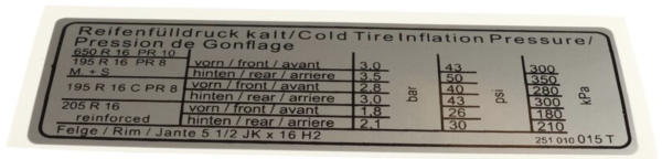 Aufkleber, Reifendruck T3 mit 16 Zoll Bereifung OE Ref. 251010015T