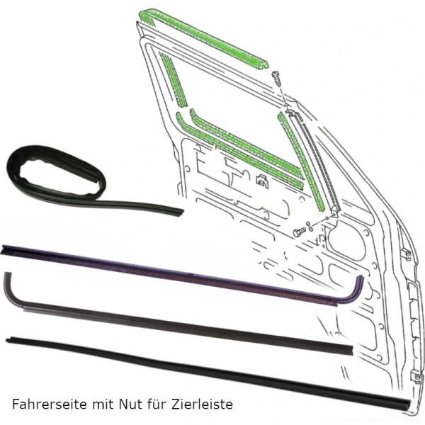 indow well seals complete with groove for trim, T3 driver's door, OE Ref. 255837709